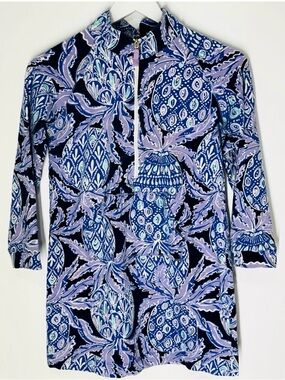 Lilly Pulitzer Pineapple Print Dress XL Blue Purple Quarter Zip Shift Dress